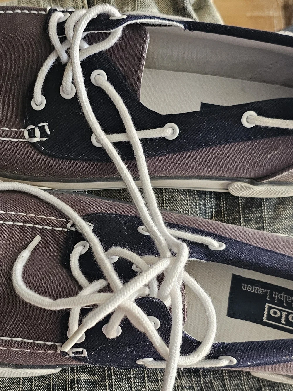 Polo by Ralph Lauren Grey and Navy Canvas Boat Shoes with White Laces